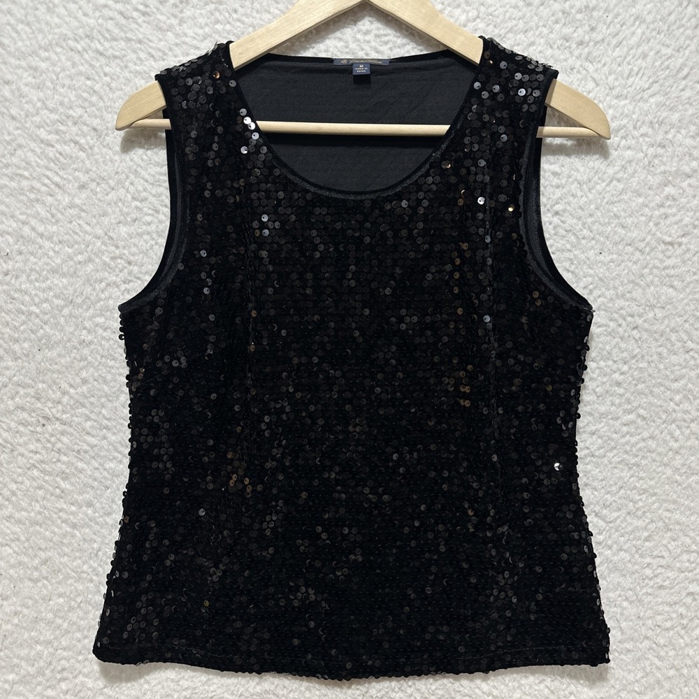 Brooks Brothers Black Sequin Tank Top Women's Sz M Holiday Party Glam Sleeveless